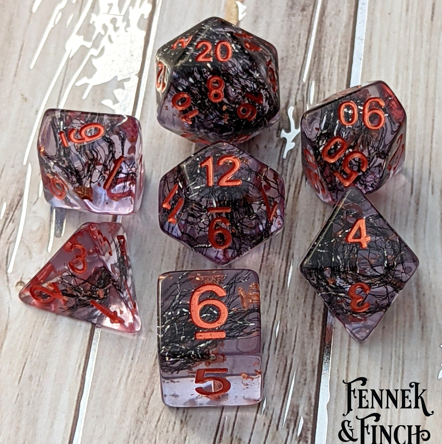 Hollow One Dice Set. 7 Piece Undead Themed Dice Set with Black Thread and Copper Foil Dice sets Fennek and Finch
