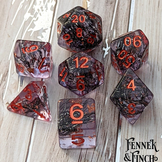 Hollow One Dice Set. 7 Piece Undead Themed Dice Set with Black Thread and Copper Foil