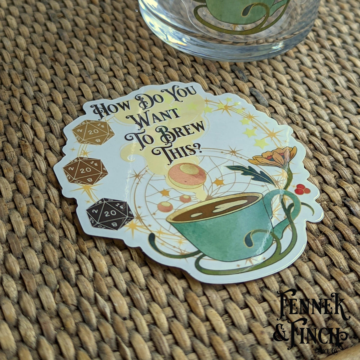 Dungeons and Dragons coffee-themed vinyl sticker with text "How Do You Want To Brew This?" featuring dice and a coffee cup design.