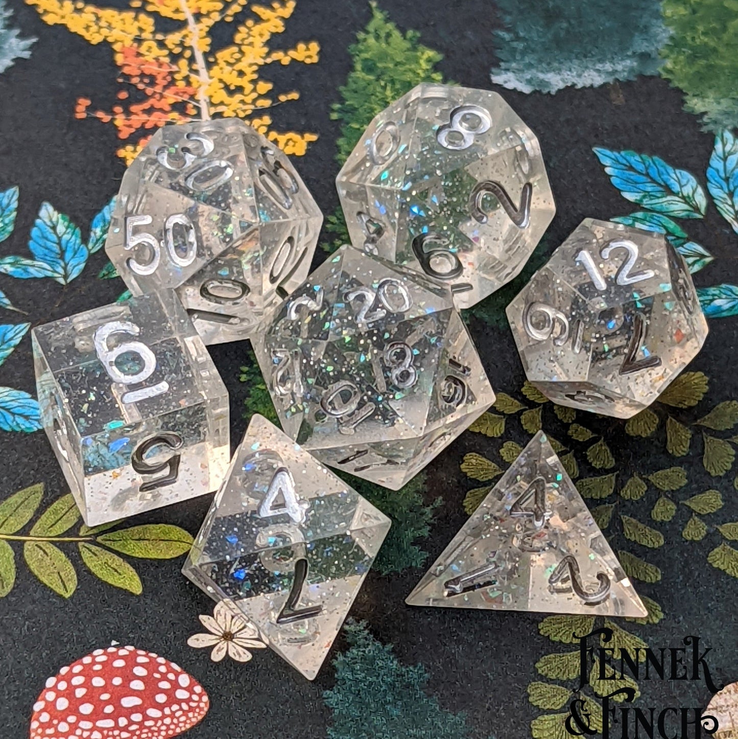 Ice Palace Sharp Edge Dice Set with opal flakes and silver numbers, ideal for Dungeons and Dragons & Magic The Gathering tabletop games.