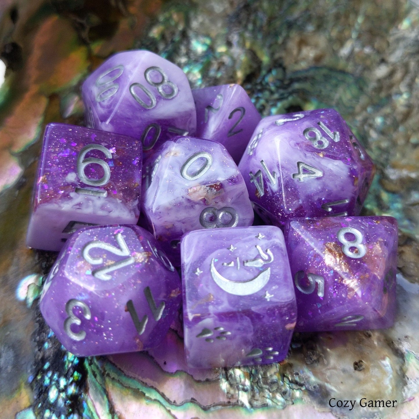 Iris 8 Piece Dice Set – Clear Purple White Marble Glitter Foil Cat Wizard Paw Dice sets Fennek and Finch