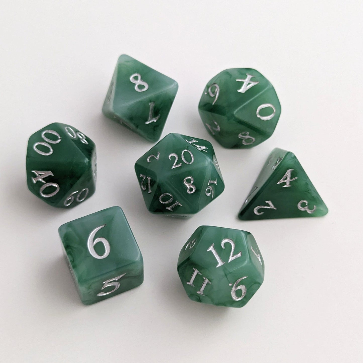 Jade Dice Set – 7 or 11-Piece Green White Swirled DnD Dice | Fennek & Finch Dice Sets & Games Fennek and Finch 7 piece set