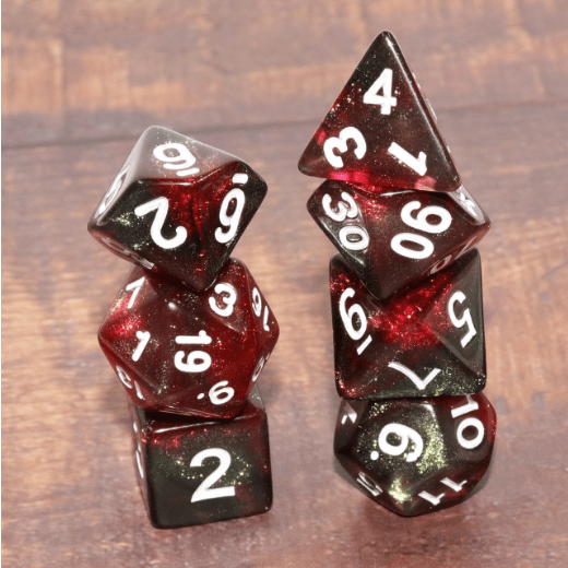 Jumping Flame Dice Set, marbled shimmering red polyhedral dice for Dungeons and Dragons, 7 piece 16mm TTRPG accessory set