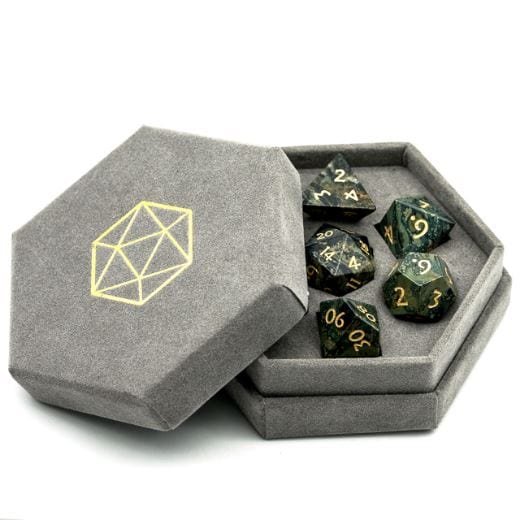Kambaba Jasper Dice Set in hexagonal felt box, semi-precious gemstone 7-piece TTRPG dice, ideal for fantasy tabletop gaming.