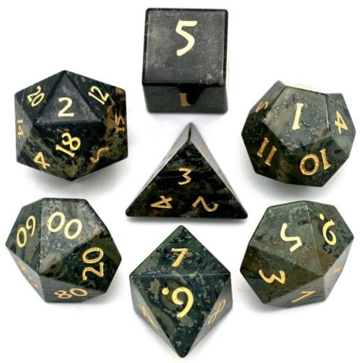 Kambaba Jasper Dice Set with gold numbers, 7 piece TTRPG semi-precious gemstone dice displayed on a white background.