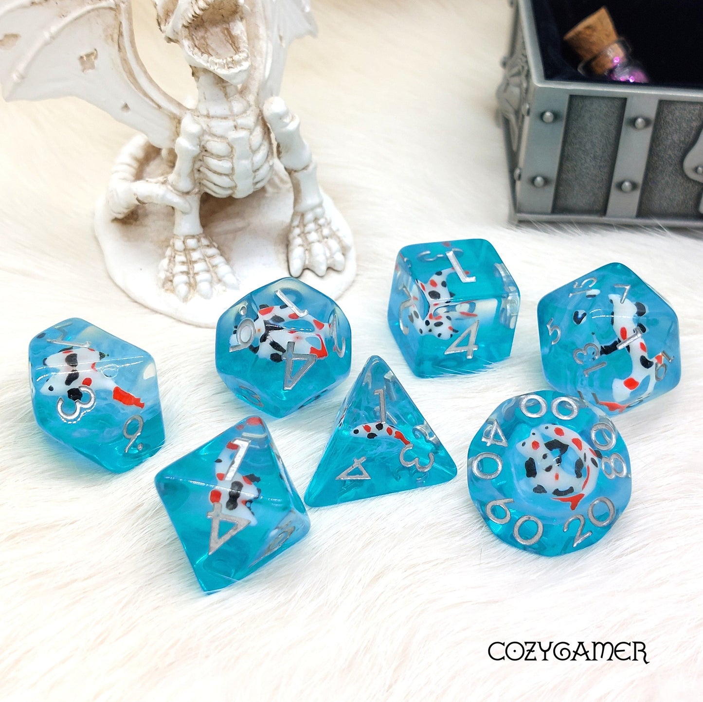 Koi Dice Set. Clear Resin with orange, black, and white fish Dice Sets & Games Fennek and Finch