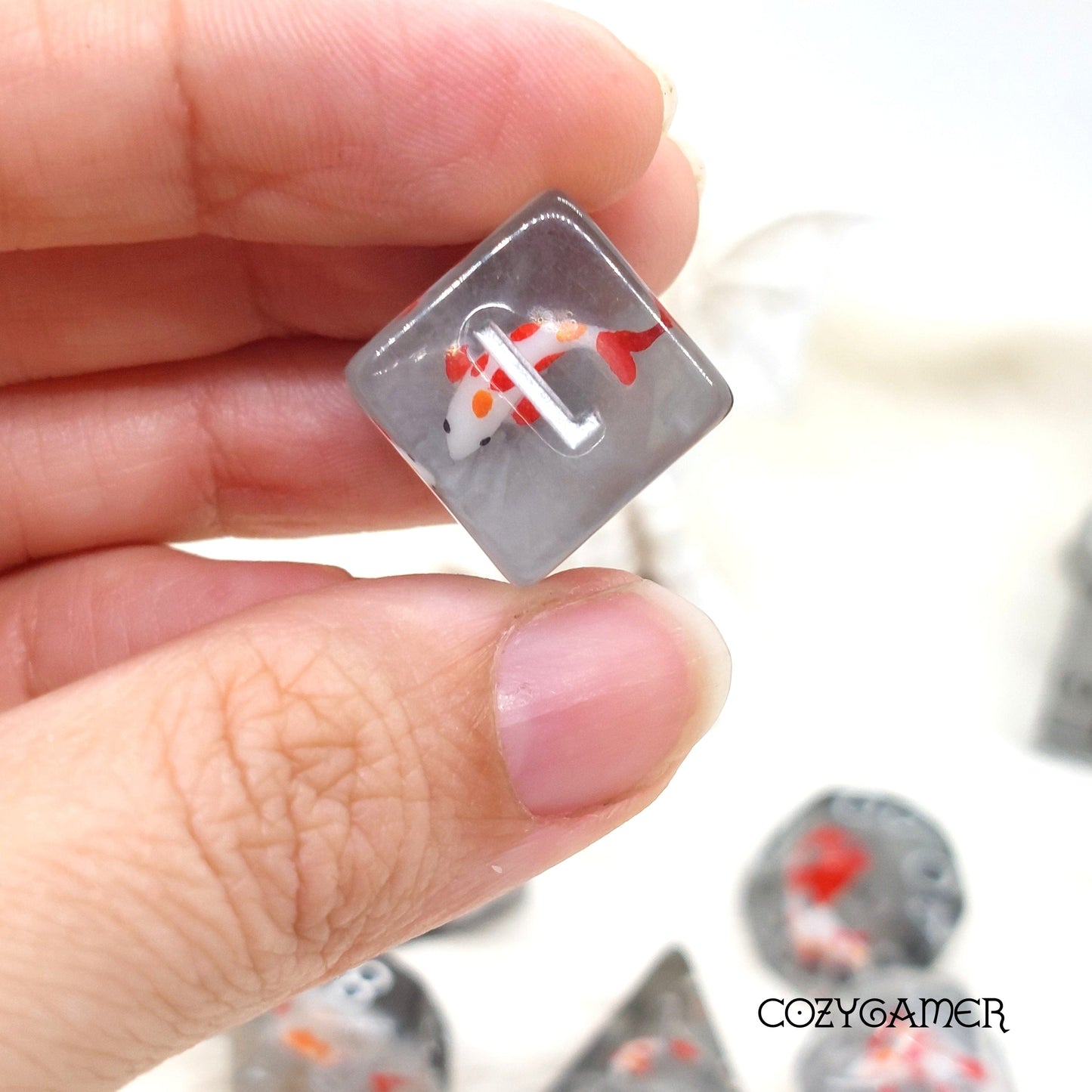Koi Dice Set. Clear Resin with orange, black, and white fish Dice Sets & Games Fennek and Finch