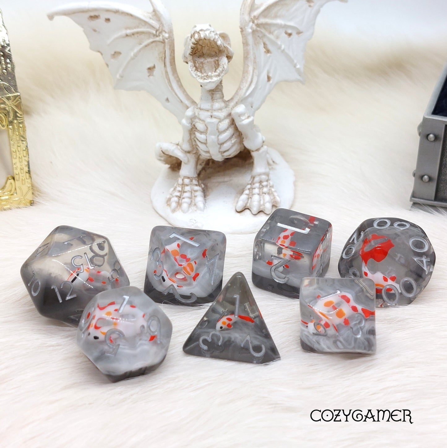 Koi Dice Set. Clear Resin with orange, black, and white fish Dice Sets & Games Fennek and Finch