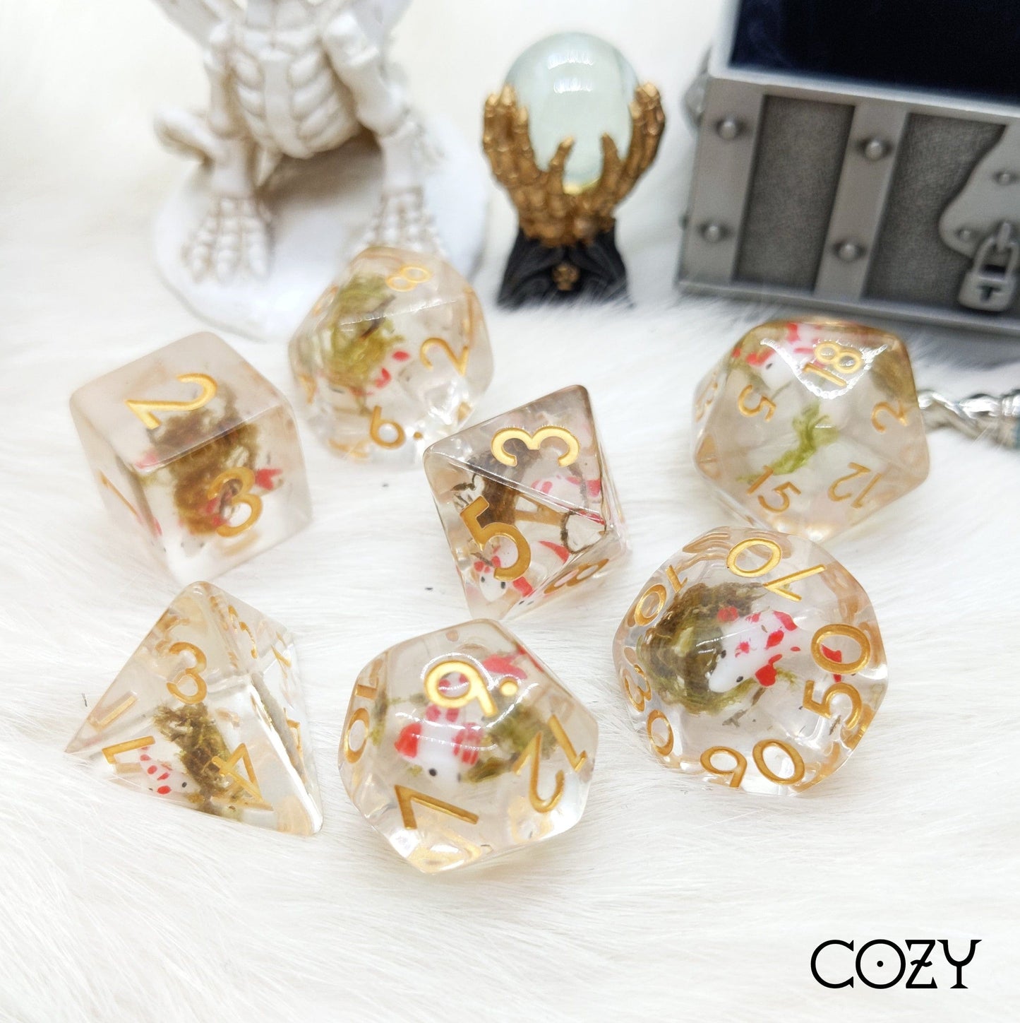 Koi Fish and Moss Dice Set. Little Fish and Dried Moss DND dice set