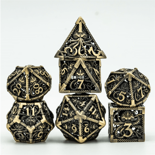 Kraken Hollow Metal Dice Set featuring intricate kraken designs on polyhedral dice for tabletop role-playing games.