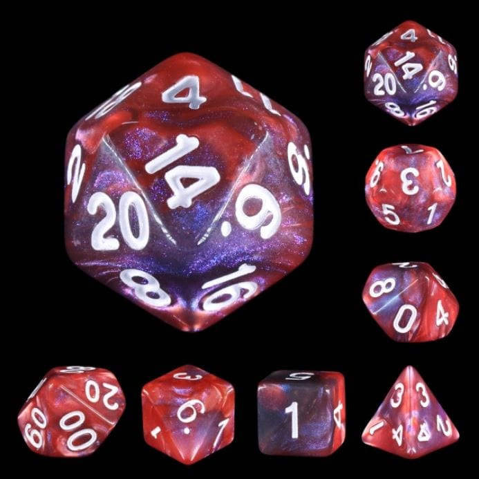 Lava Galaxy Glitter Acrylic Dice Set for TTRPGs, 7-piece polyhedral dice in purple and red, perfect for DnD and tabletop games.
