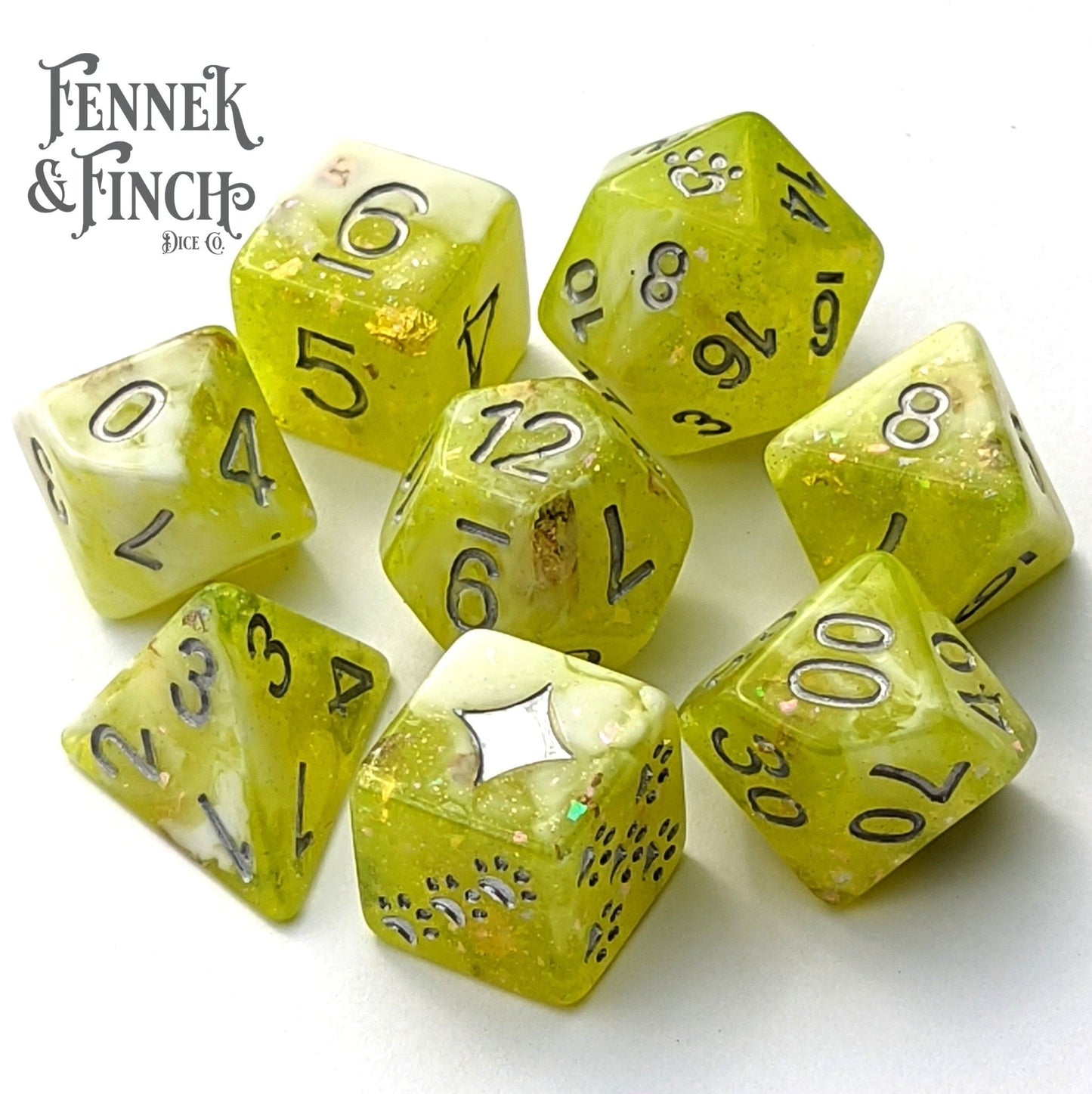 Lichen Dice Set – 8 - Piece Clear Green White Marbled Cat Wizard DnD Dice - Fennek and Finch