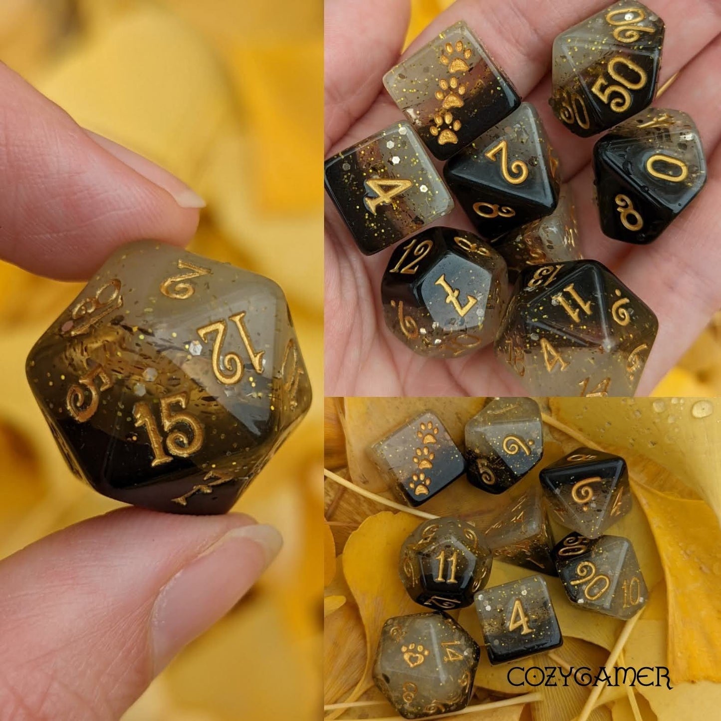 Light and Shadow Dice Set. 8 Piece 4 Layered Black to White with Gold Glitter