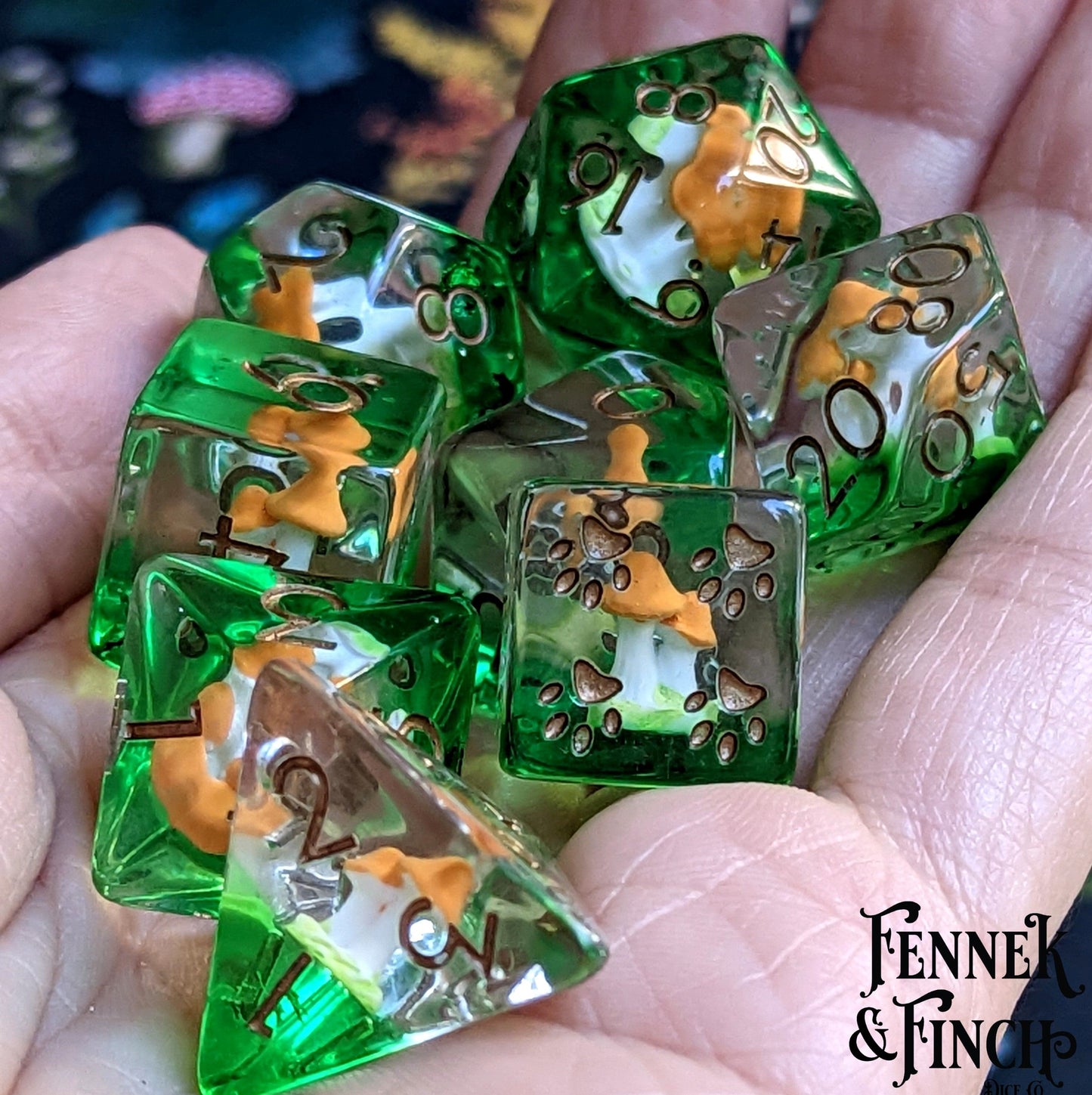 Little Brown Mushroom Dice Set. 8 Piece DnD Dice