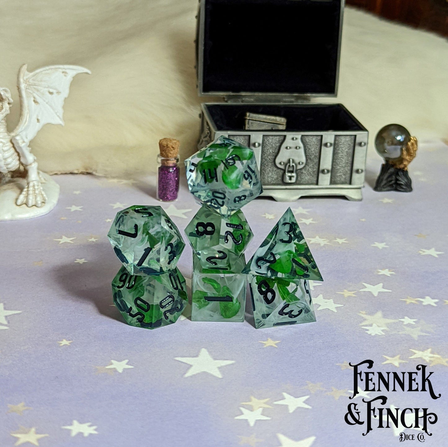 Lucky Clover Sharp Edge Resin Dice Set. 7 Piece DND dice set