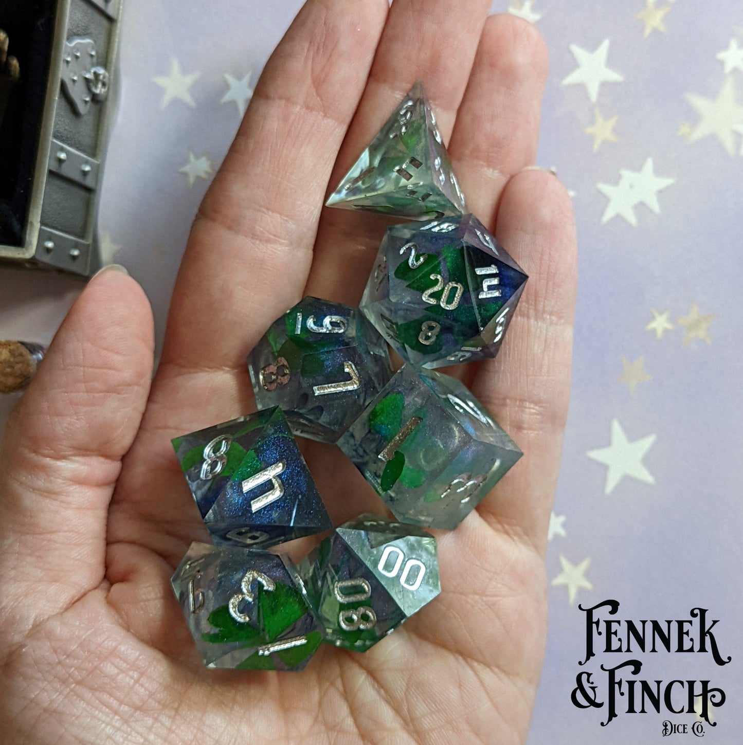 Lucky Clover Sharp Edge Resin Dice Set. 7 Piece DND dice set