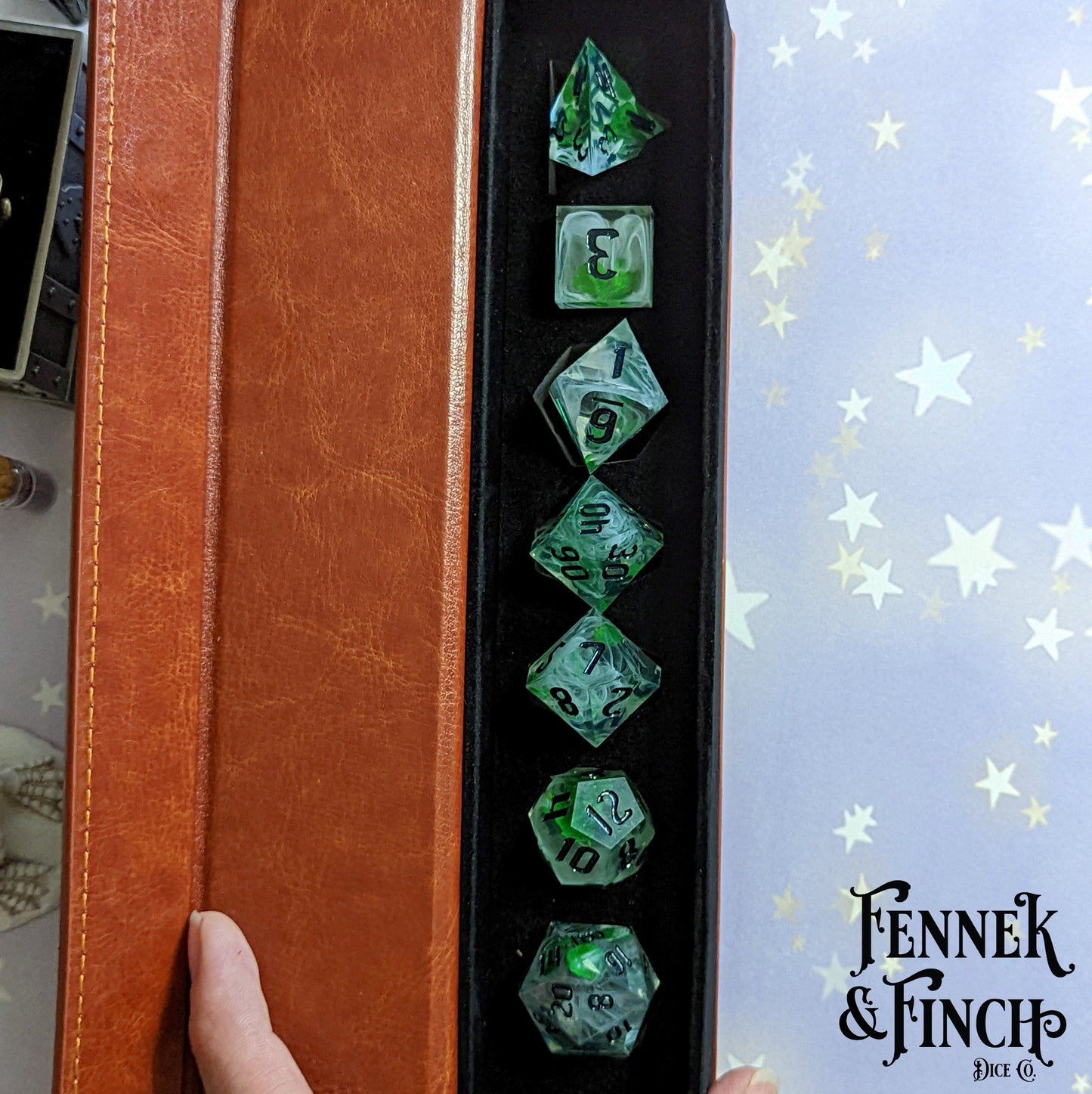 Lucky Clover Sharp Edge Resin Dice Set. 7 Piece DND dice set