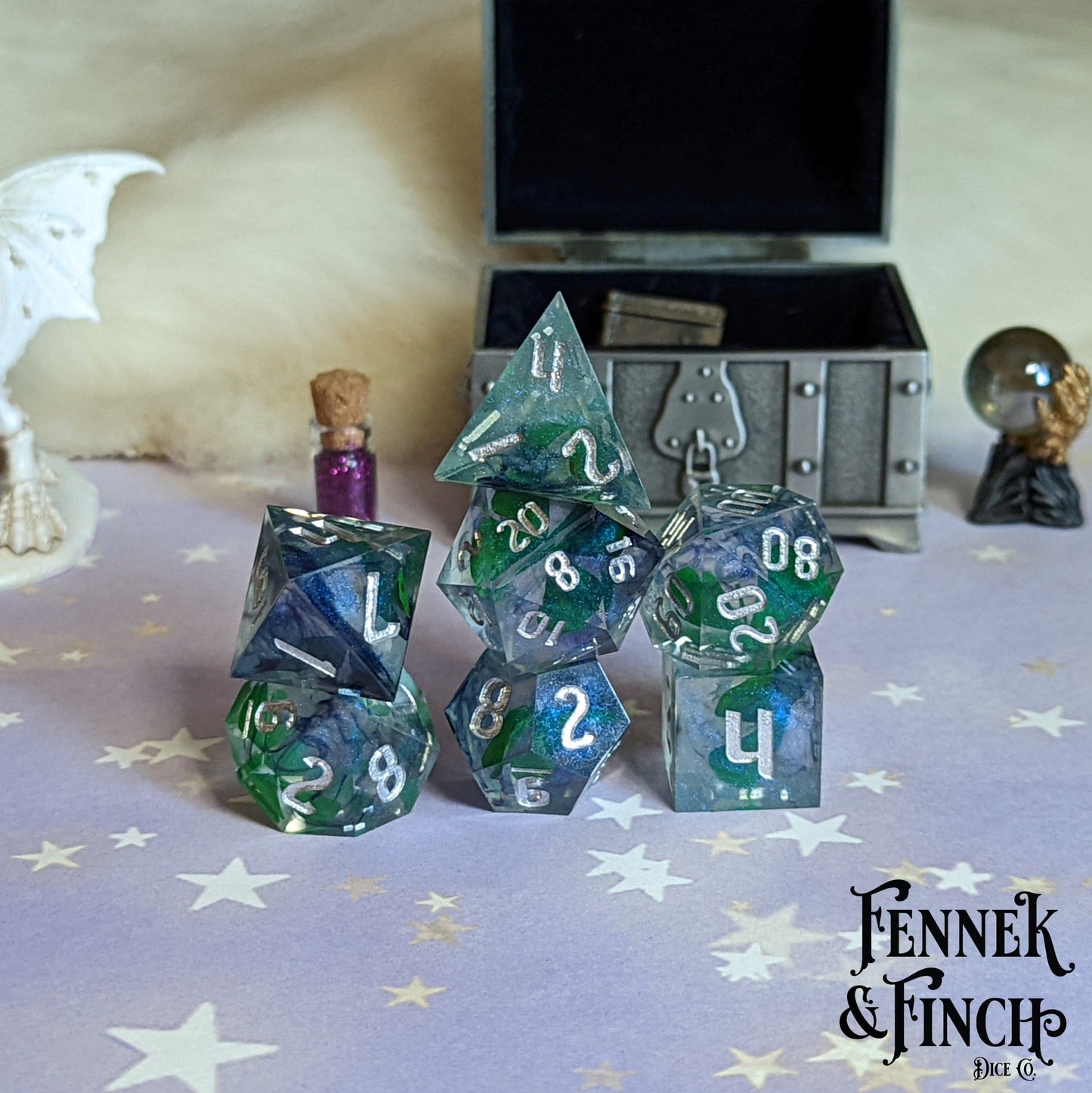 Lucky Clover Sharp Edge Resin Dice Set. 7 Piece DND dice set Blue Glitter Mist