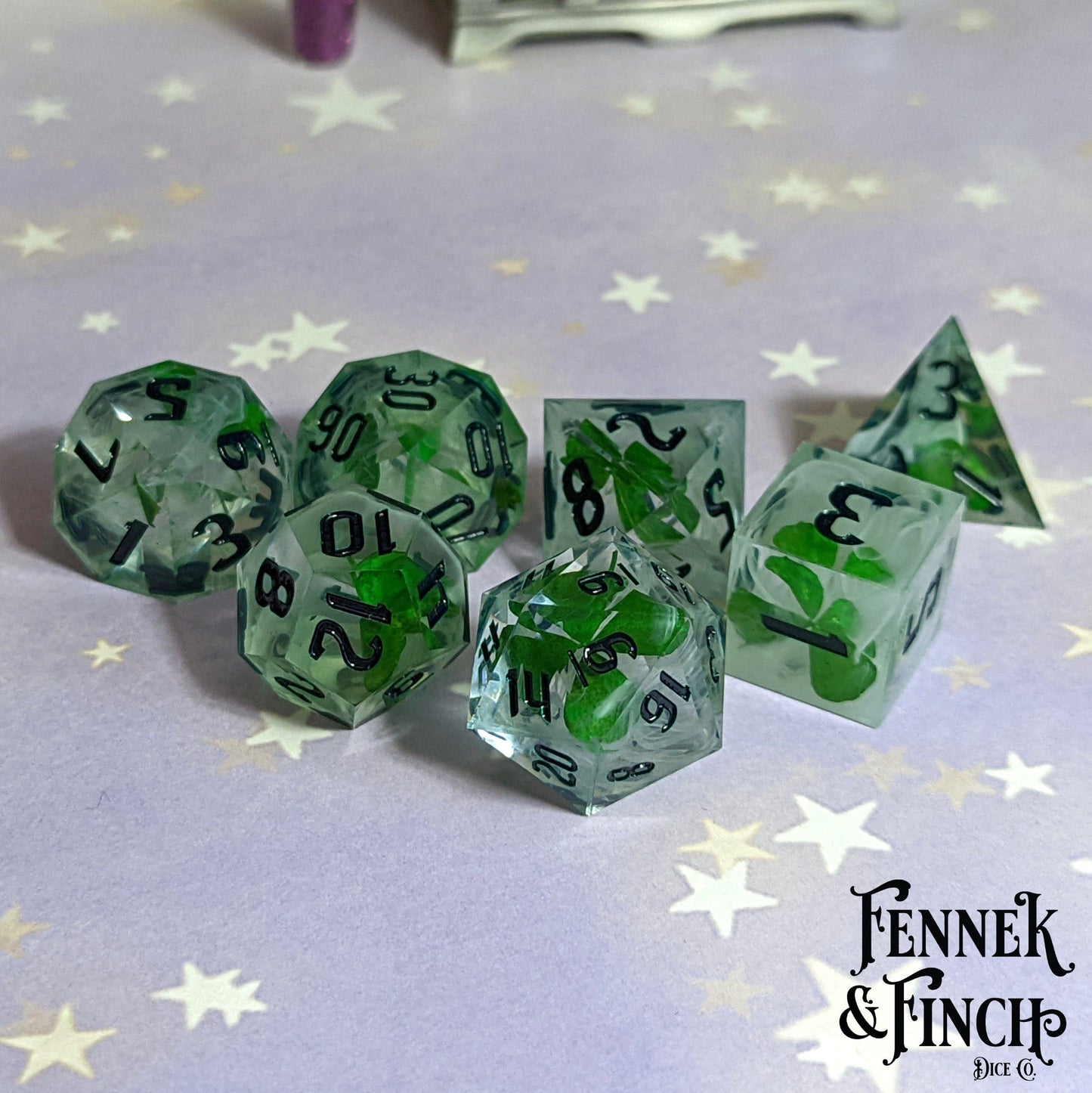 Lucky Clover Sharp Edge Resin Dice Set. 7 Piece DND dice set White Wisps
