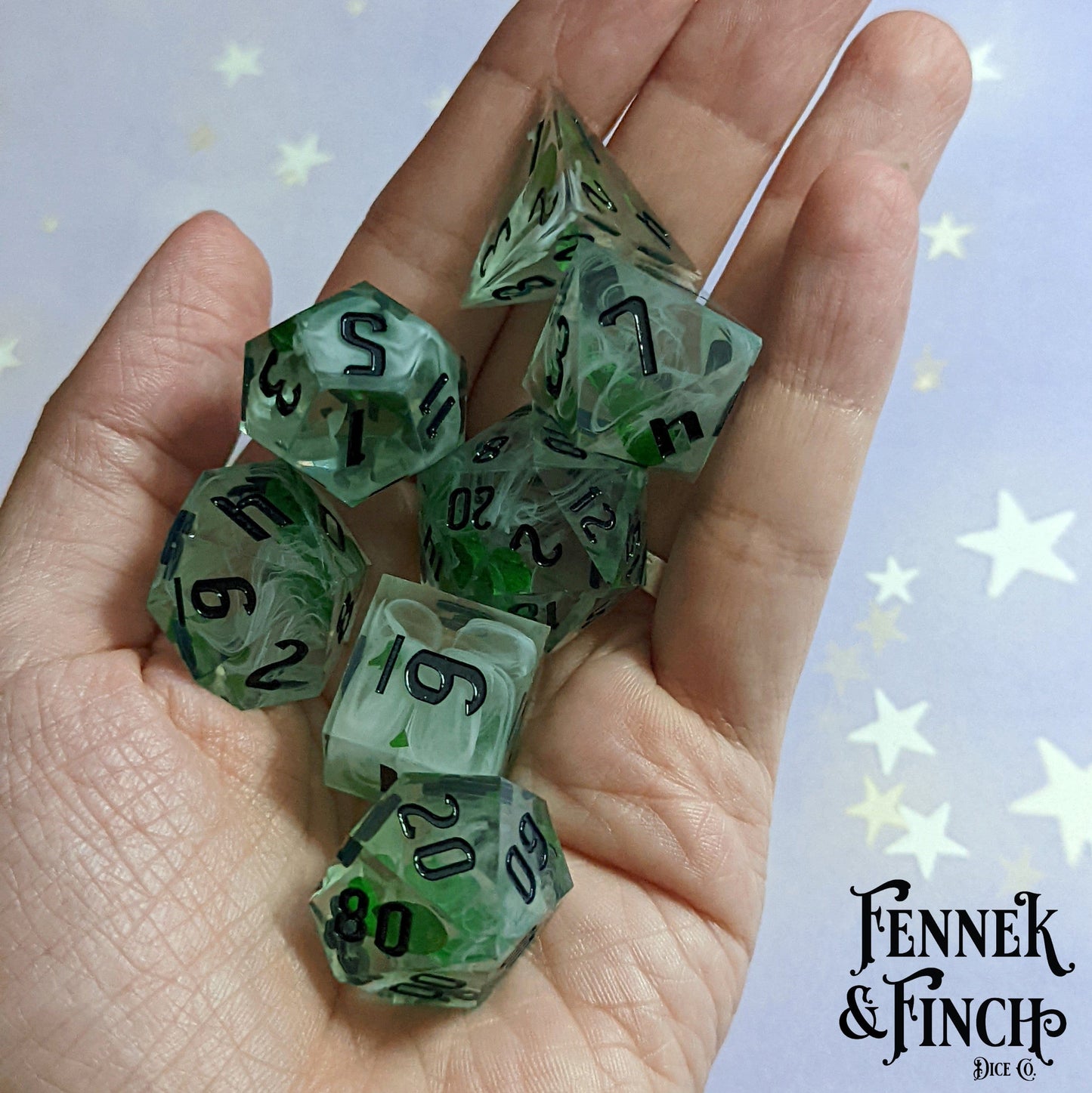 Lucky Clover Sharp Edge Resin Dice Set. 7 Piece DND dice set