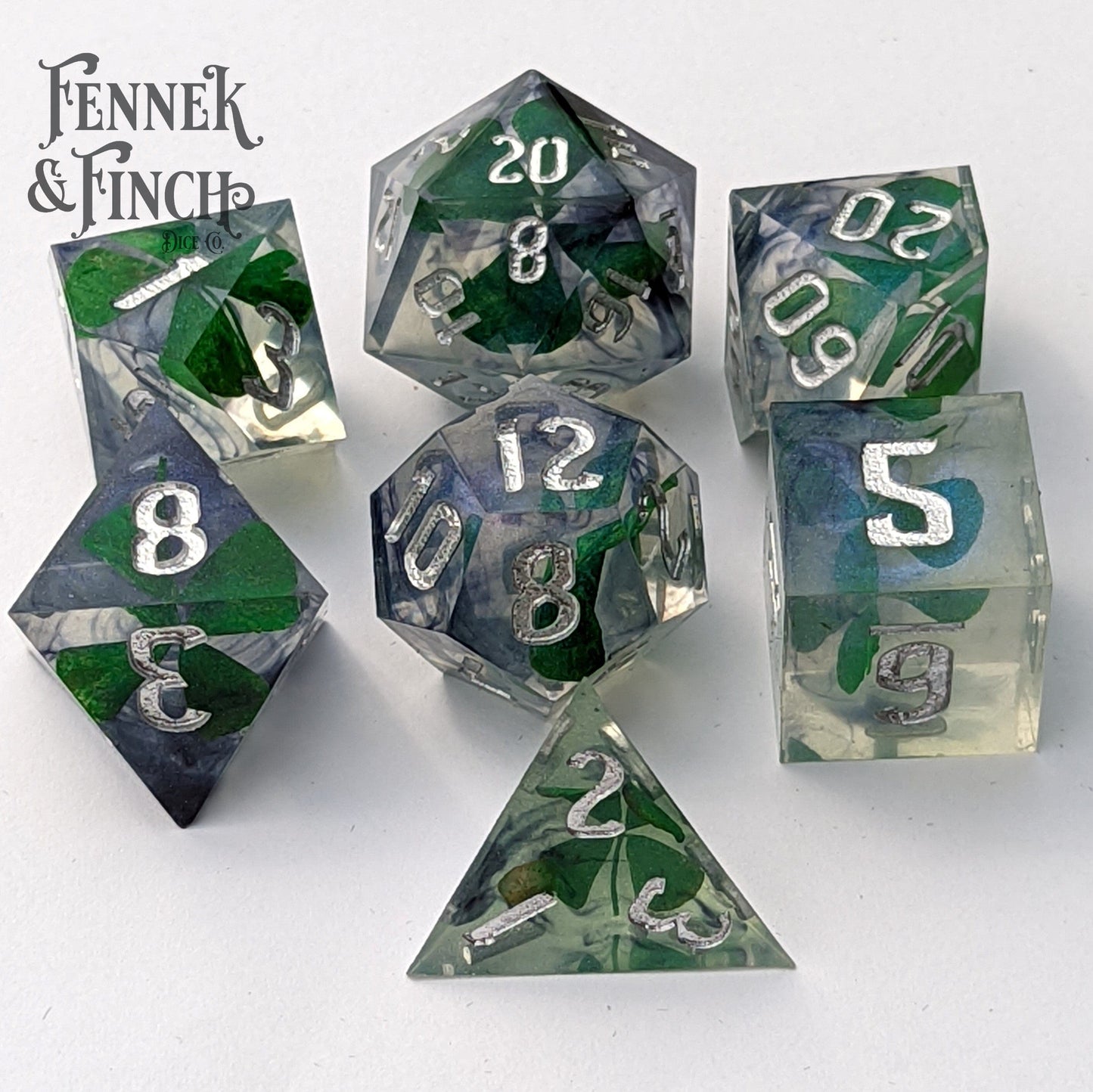 Lucky Clover Sharp Edge Resin Dice Set. 7 Piece DND dice set