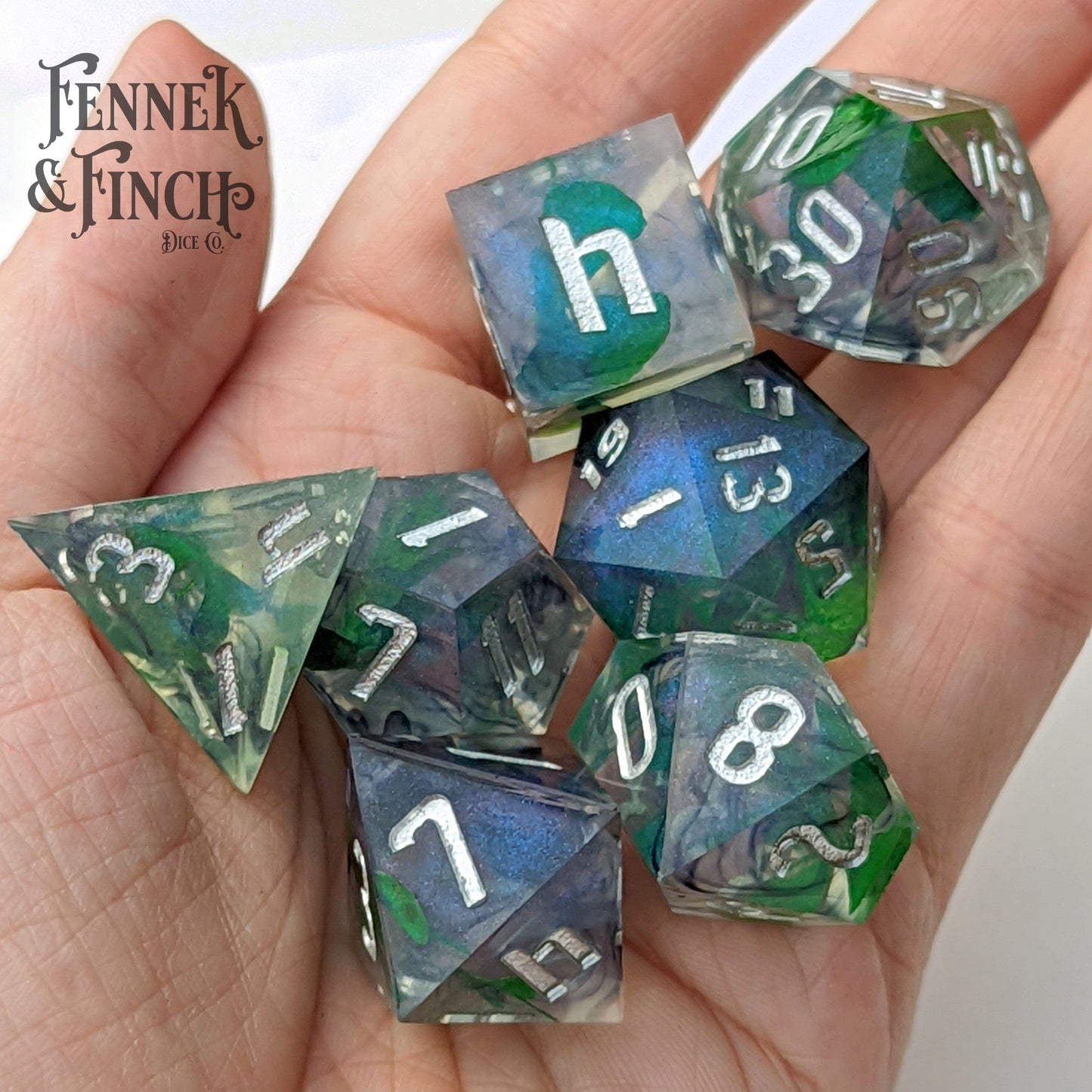 Lucky Clover Sharp Edge Resin Dice Set. 7 Piece DND dice set
