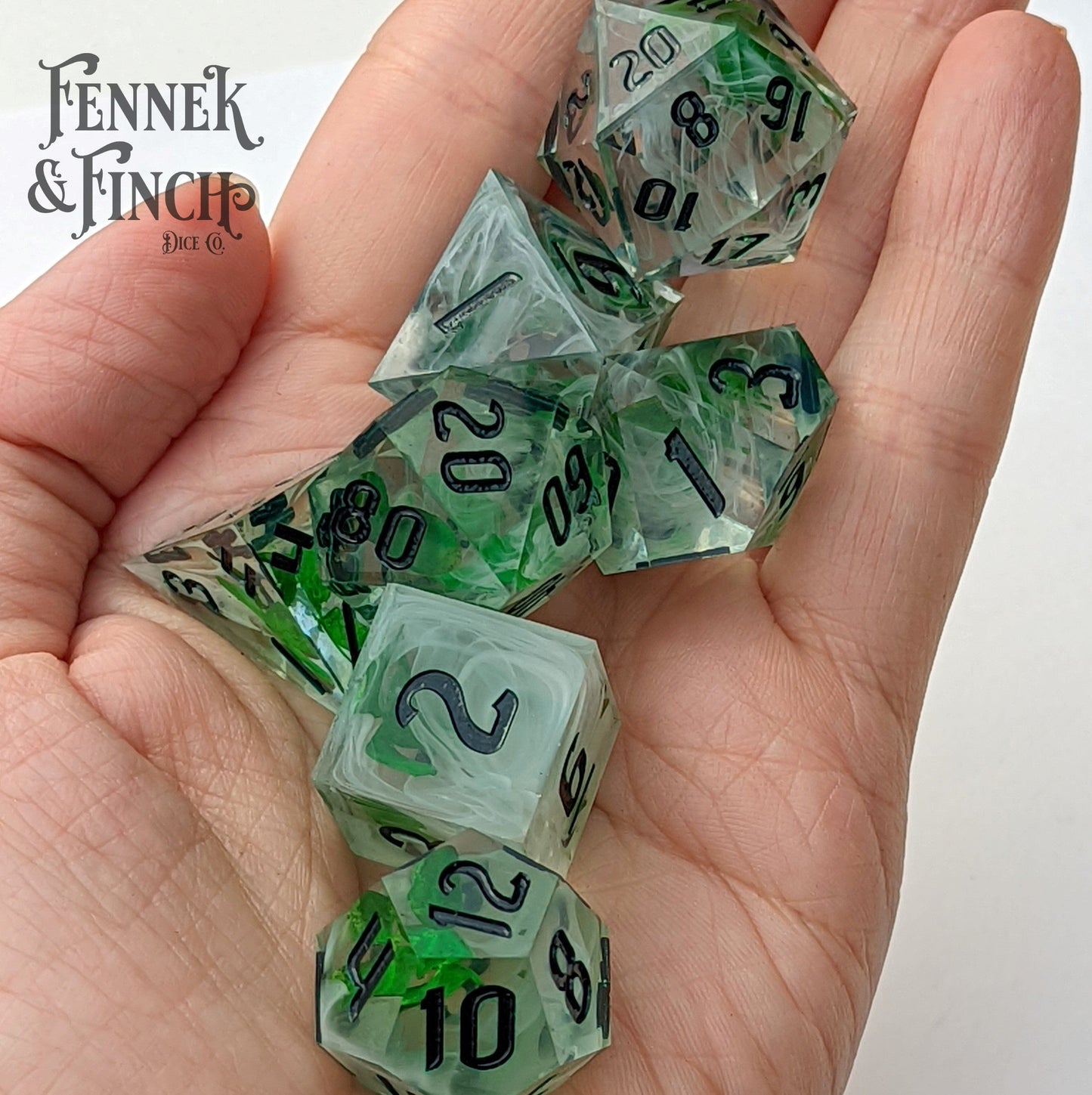 Lucky Clover Sharp Edge Resin Dice Set. 7 Piece DND dice set