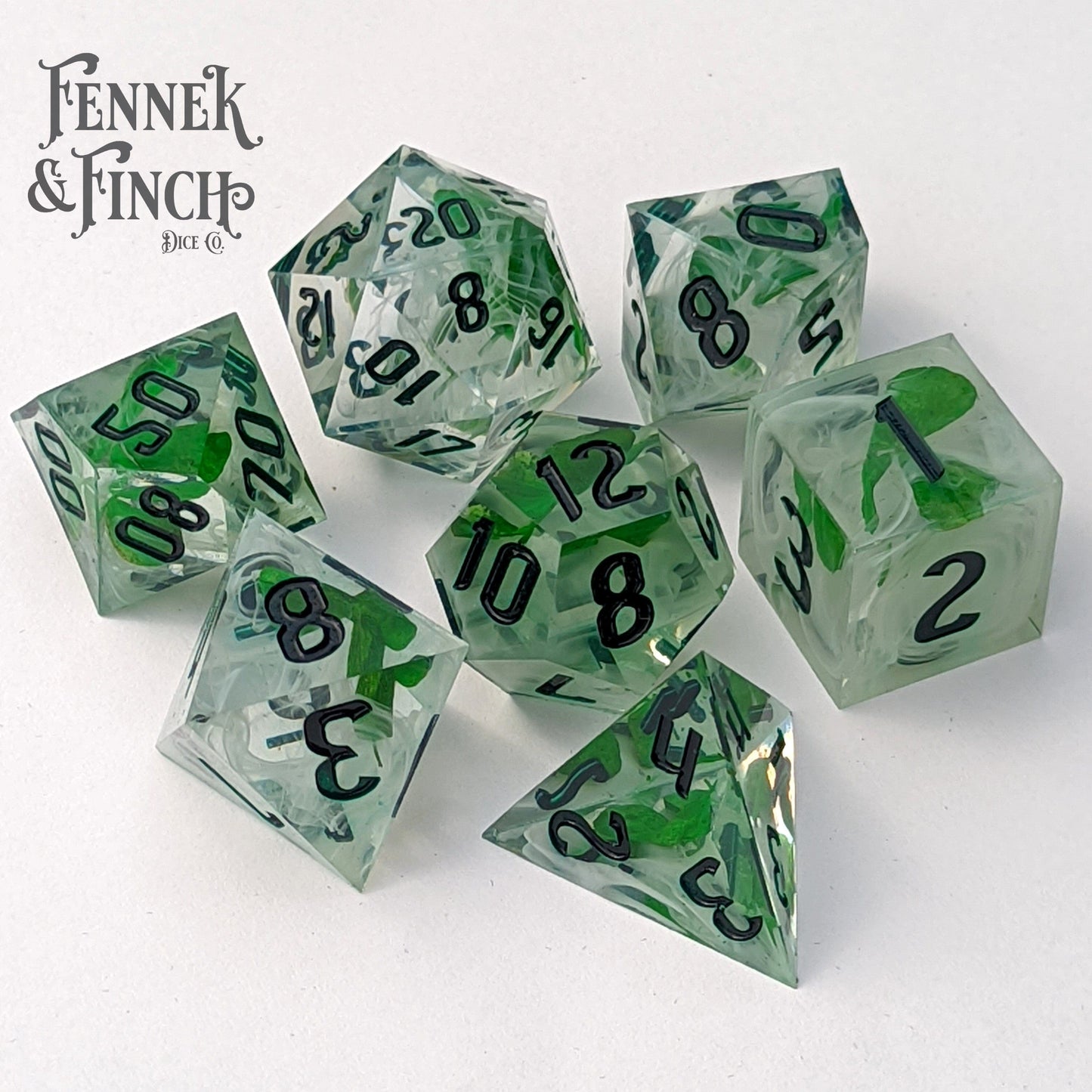 Lucky Clover Sharp Edge Resin Dice Set. 7 Piece DND dice set
