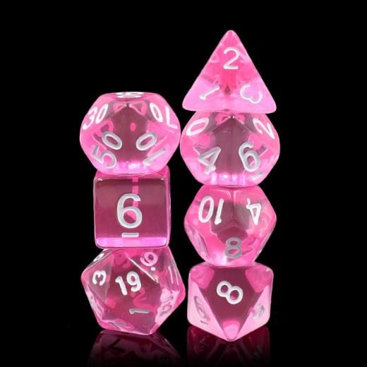 Magenta Gems Dice Set, clear pink 7-piece polyhedral acrylic dice for tabletop role-playing games like Dungeons and Dragons.