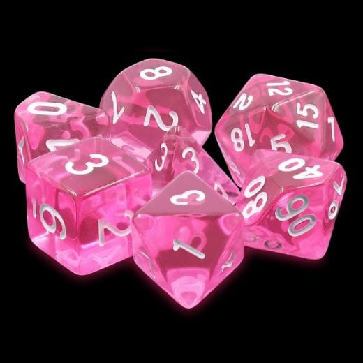 Magenta Gems Dice Set, clear pink polyhedral dice for Dungeons and Dragons tabletop RPGs, set of 7 acrylic dice on black background.