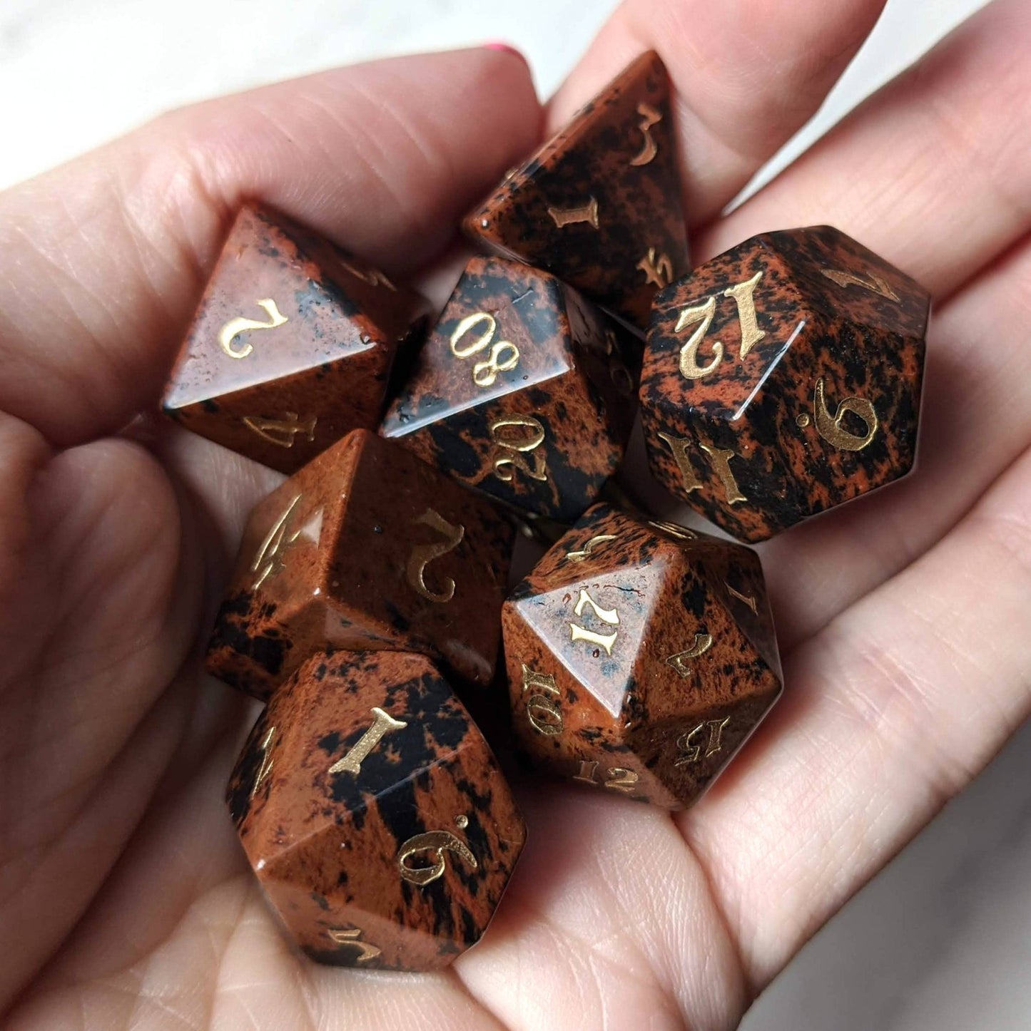 Mahogany Obsidian Dice Set – 7 - Piece Real Gemstone DnD Dice - Fennek and Finch