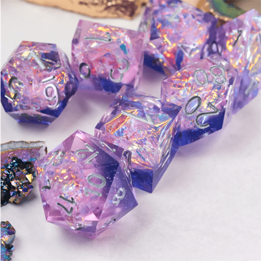 Mauve and Purple Sharp Edge Resin Dice Set. 7 Piece DND dice set