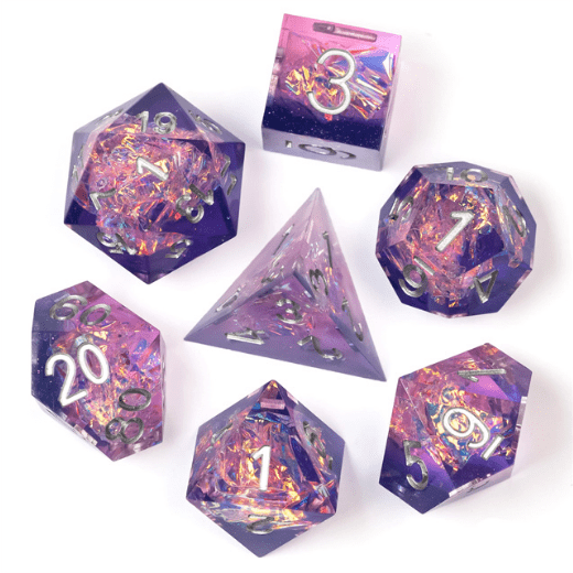 Mauve and Purple Sharp Edge Resin Dice Set. 7 Piece DND dice set