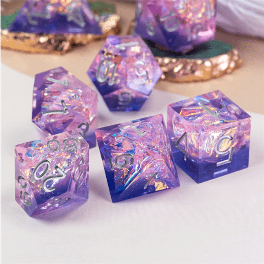 Mauve and Purple Sharp Edge Resin Dice Set. 7 Piece DND dice set