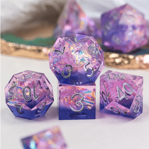 Mauve and Purple Sharp Edge Resin Dice Set. 7 Piece DND dice set