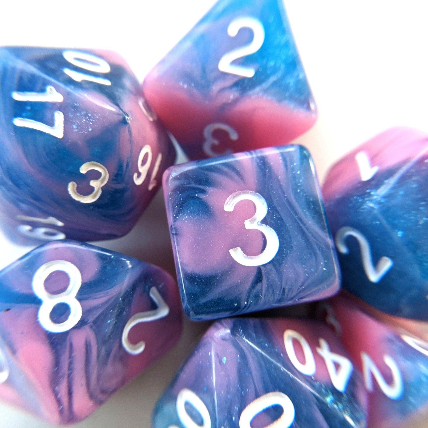 Miami Vice Dice Set. Blue and pink marbled glittery DnD dice set - CozyGamer