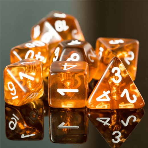 Shiny orange 7-piece polyhedral dice set for tabletop RPGs, featuring embossed numbers, ideal for Dungeons and Dragons sessions.