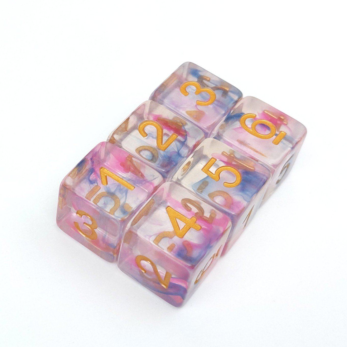 Set of six Morning Glory D6 dice with blue and pink ink in clear resin, standard 16mm size, arranged in two rows.