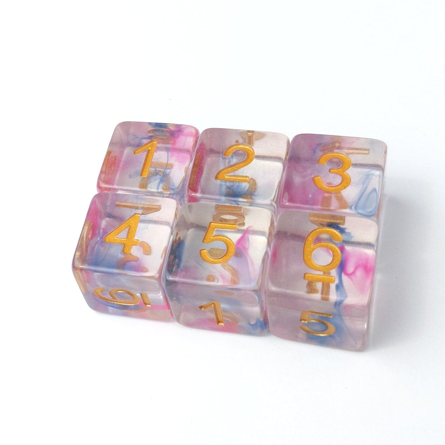 Morning Glory D6 dice set of 6 with clear resin, blue and pink ink, standard 16mm size.