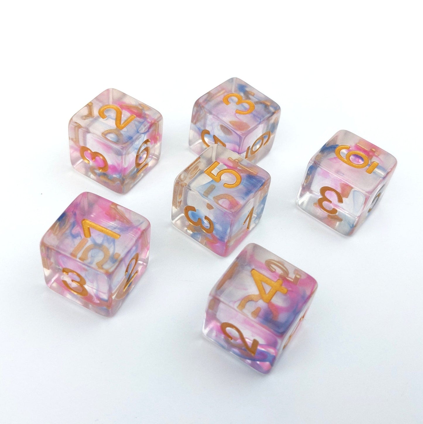 Morning Glory D6 dice set of 6 with blue and pink ink in clear resin, standard 16mm dice for gaming enthusiasts.