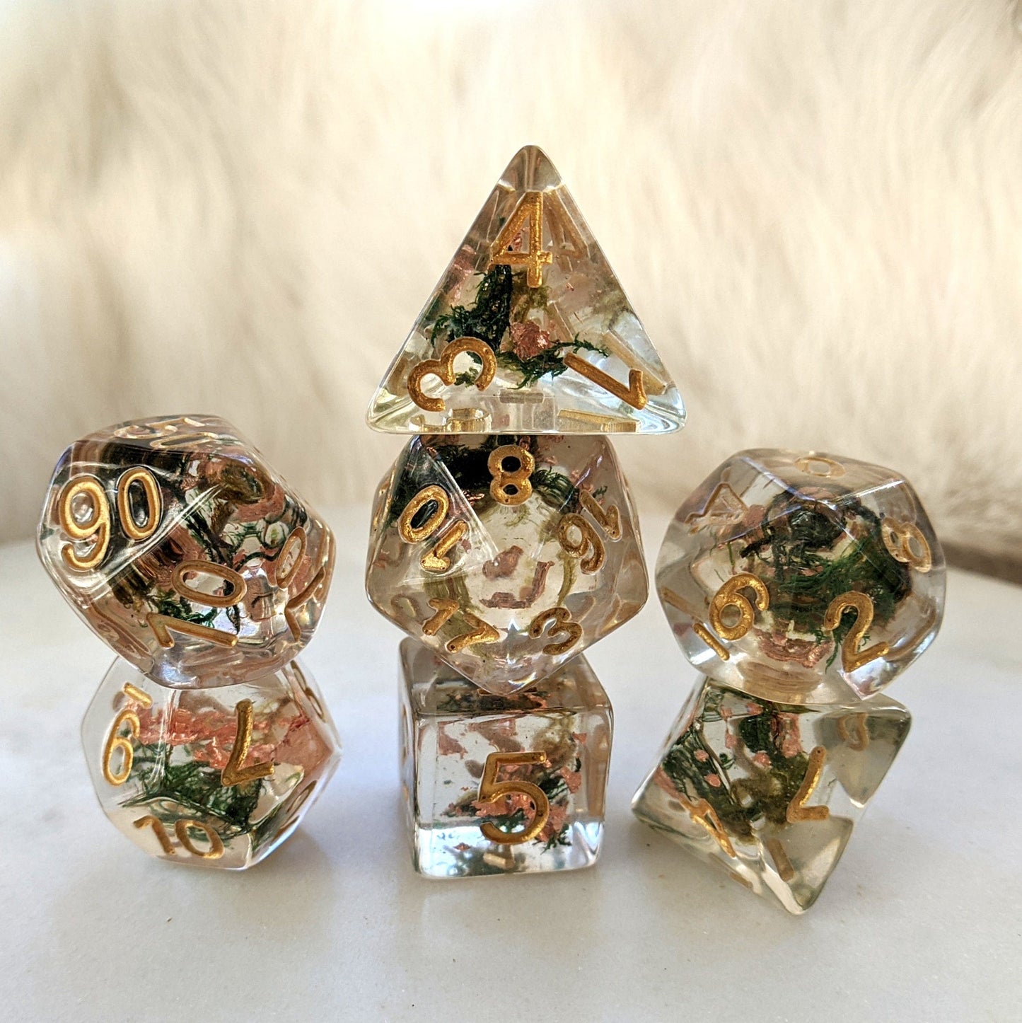 Moss and Copper Dice Set, Translucent Resin Dice with Real Moss and Copper Foil - CozyGamer