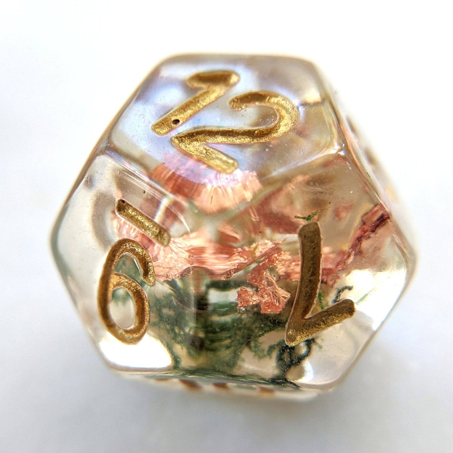 Moss and Copper Dice Set, Translucent Resin Dice with Real Moss and Copper Foil - CozyGamer