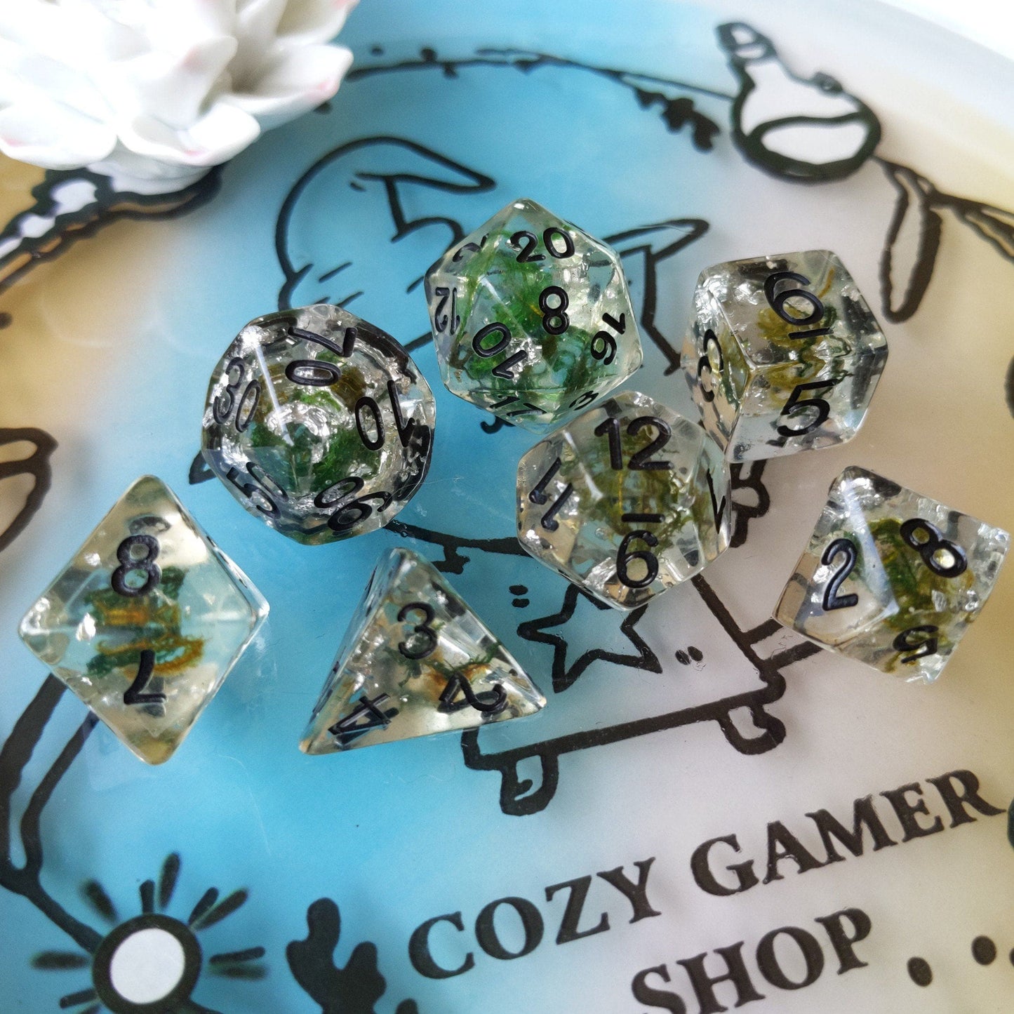 Moss and Silver Dice Set, Translucent Resin Dice with Real Moss and Silver Foil Dice sets Fennek and Finch