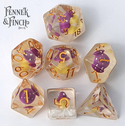 Mushroom Cloud Dice Set. Clear Tiny Purple Amanita Dice