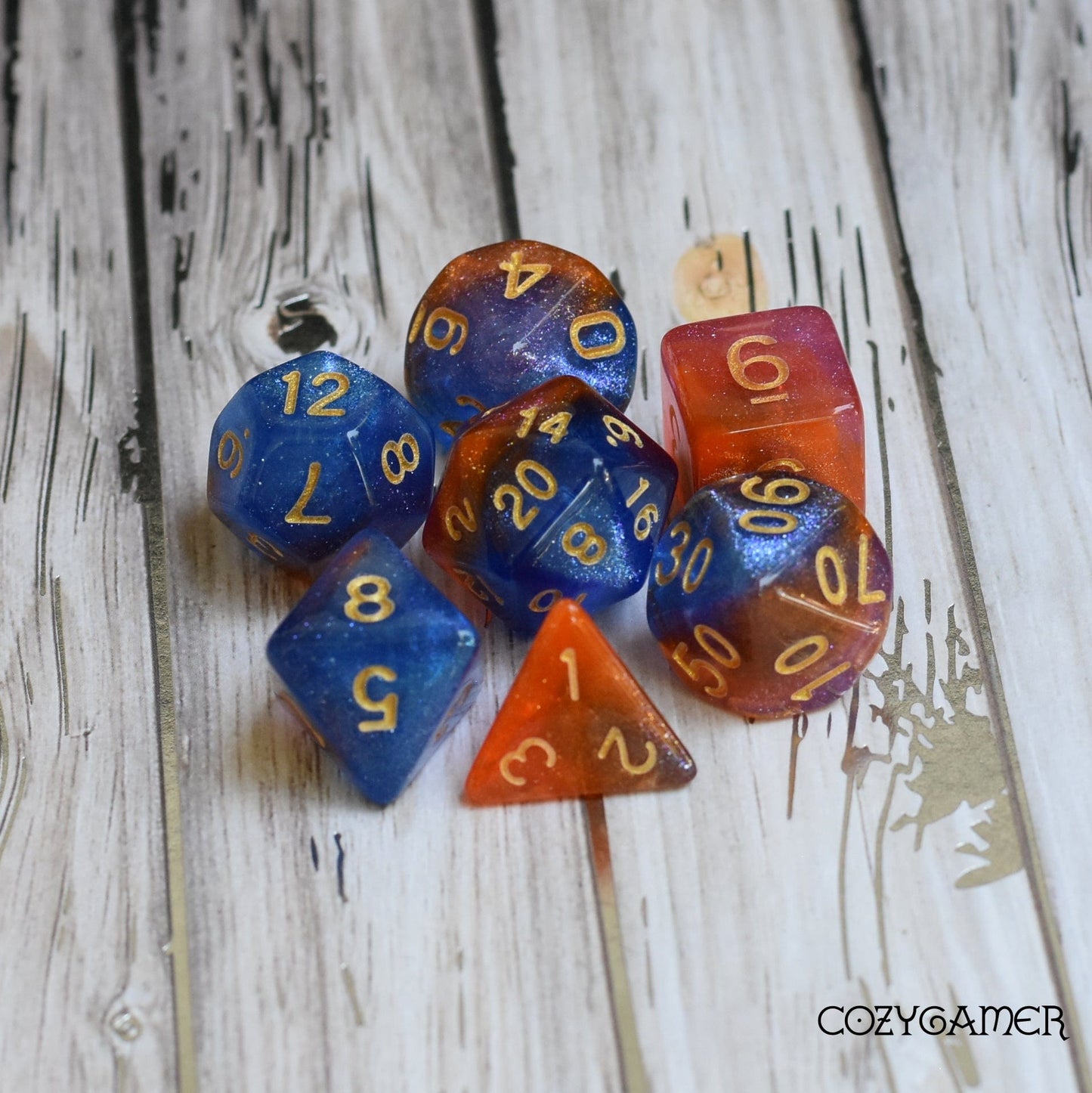 Nebula Dice Set with orange, blue, pink marbled micro shimmer for Dungeons and Dragons, TTRPGs, Magic The Gathering, 7 polyhedral dice.