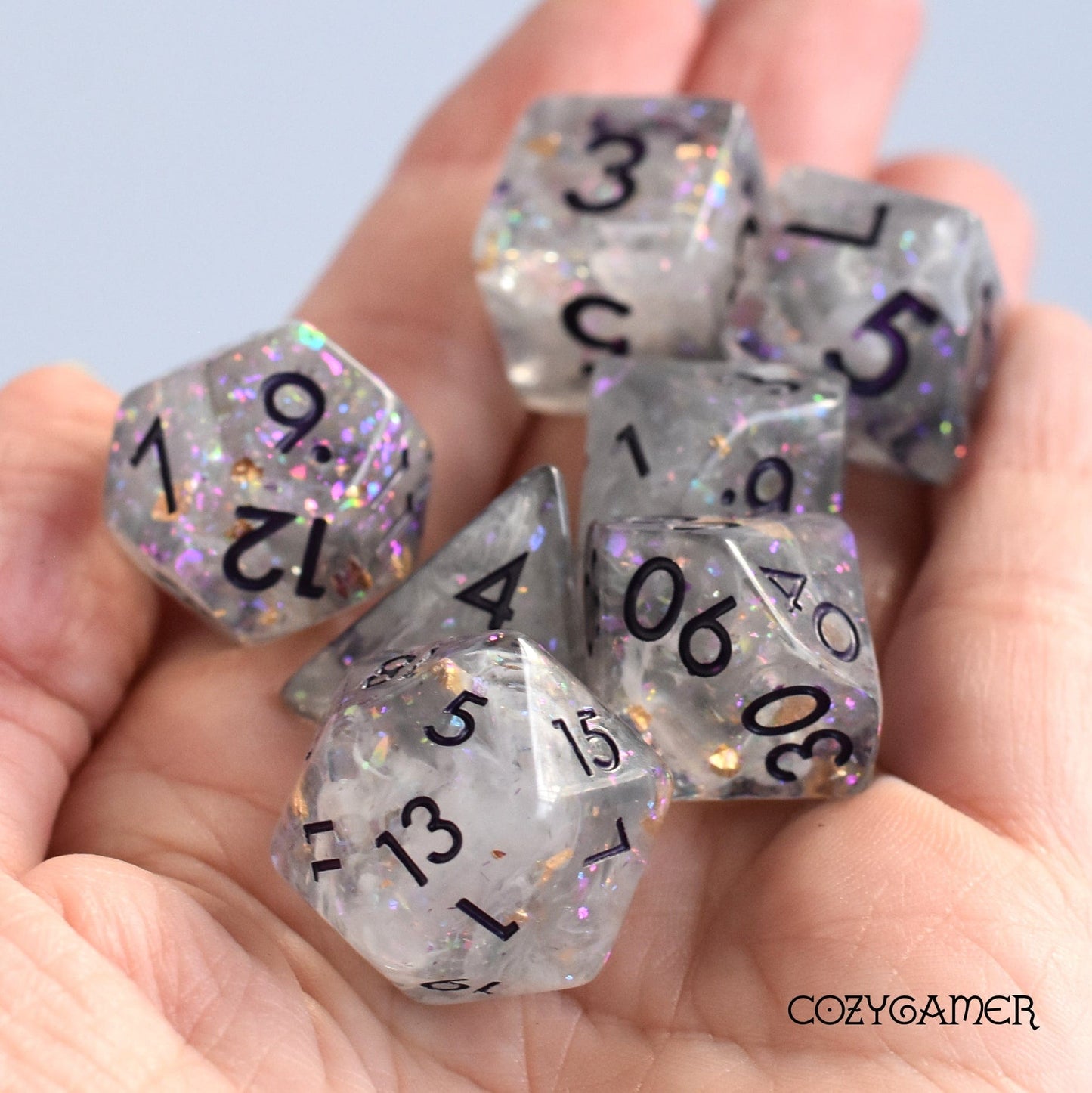 Necro Chanter Dice Set. Clear Resin with Glitter and a White Cloud