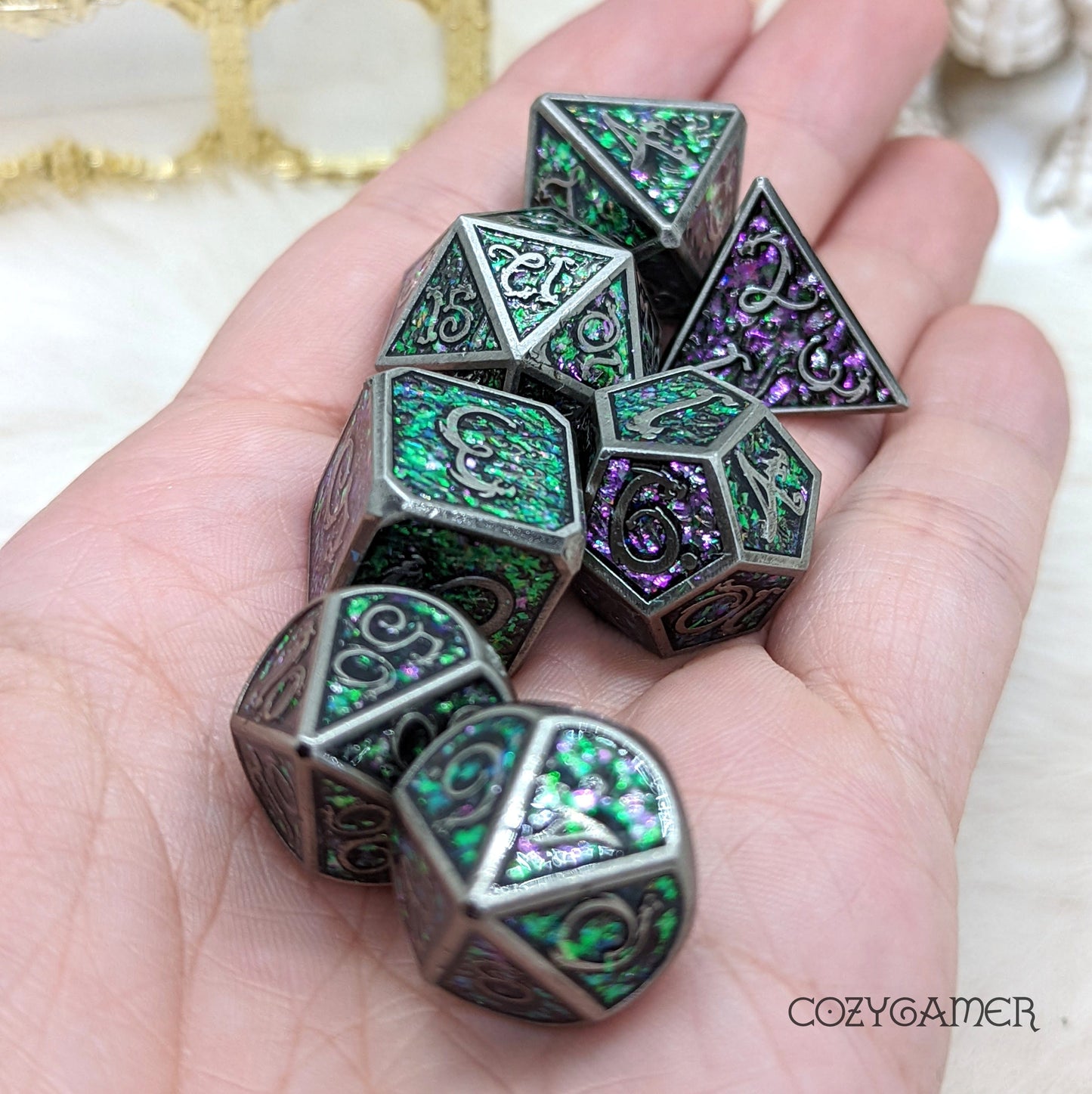 Nickel Cloud Dragon metal DnD dice set with purple and green glitter, serpentine dragon font, perfect for D20 games.