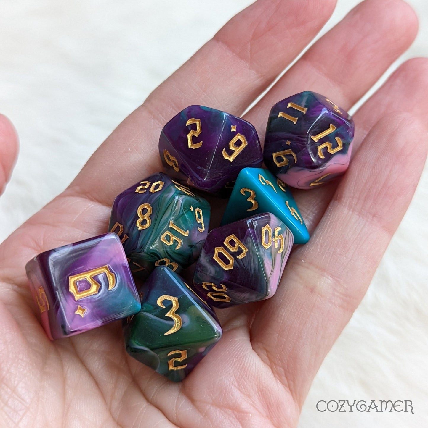 Night Elves Marbled Dice Set – 7-Piece Green Blue Pink Purple Acrylic DnD Dice sets Fennek and Finch