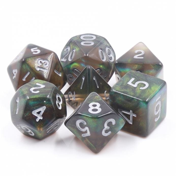 Night Wish Dice Set. Almost black shimmering dice set with hidden green and red
