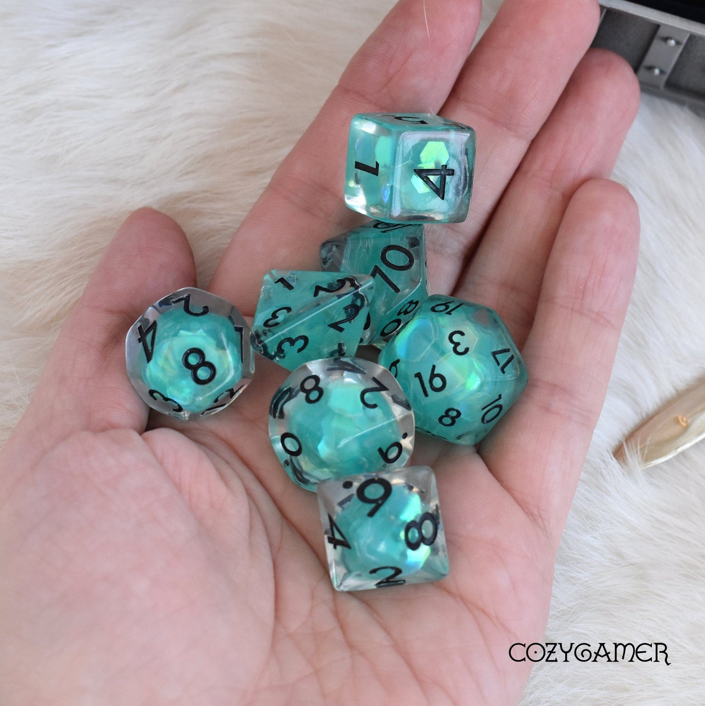 Ocean Glint Dice Set. Clear Resin with Blue Glitter